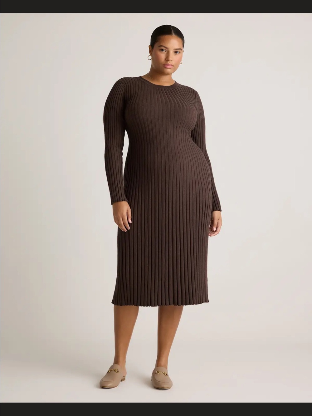 Quince Cotton Cashmere Ribbed Long Sleeve Crew Midi Dress